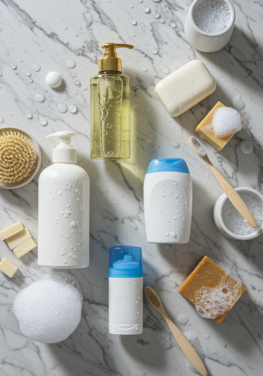 "Imagen en ángulo cenital de esenciales de higiene personal sobre una encimera de baño de mármol blanco, incluyendo botellas de champú y gel de baño, desodorantes, cepillos de dientes y jabones, iluminada con luz natural en un entorno minimalista."