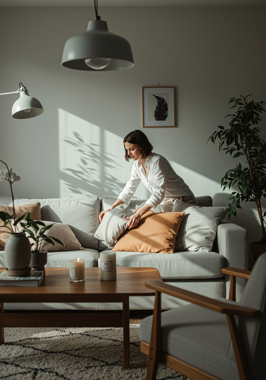 "Salón moderno y acogedor con luz natural, mujer organizando cojines en sofá gris claro, estilo nórdico minimalista."