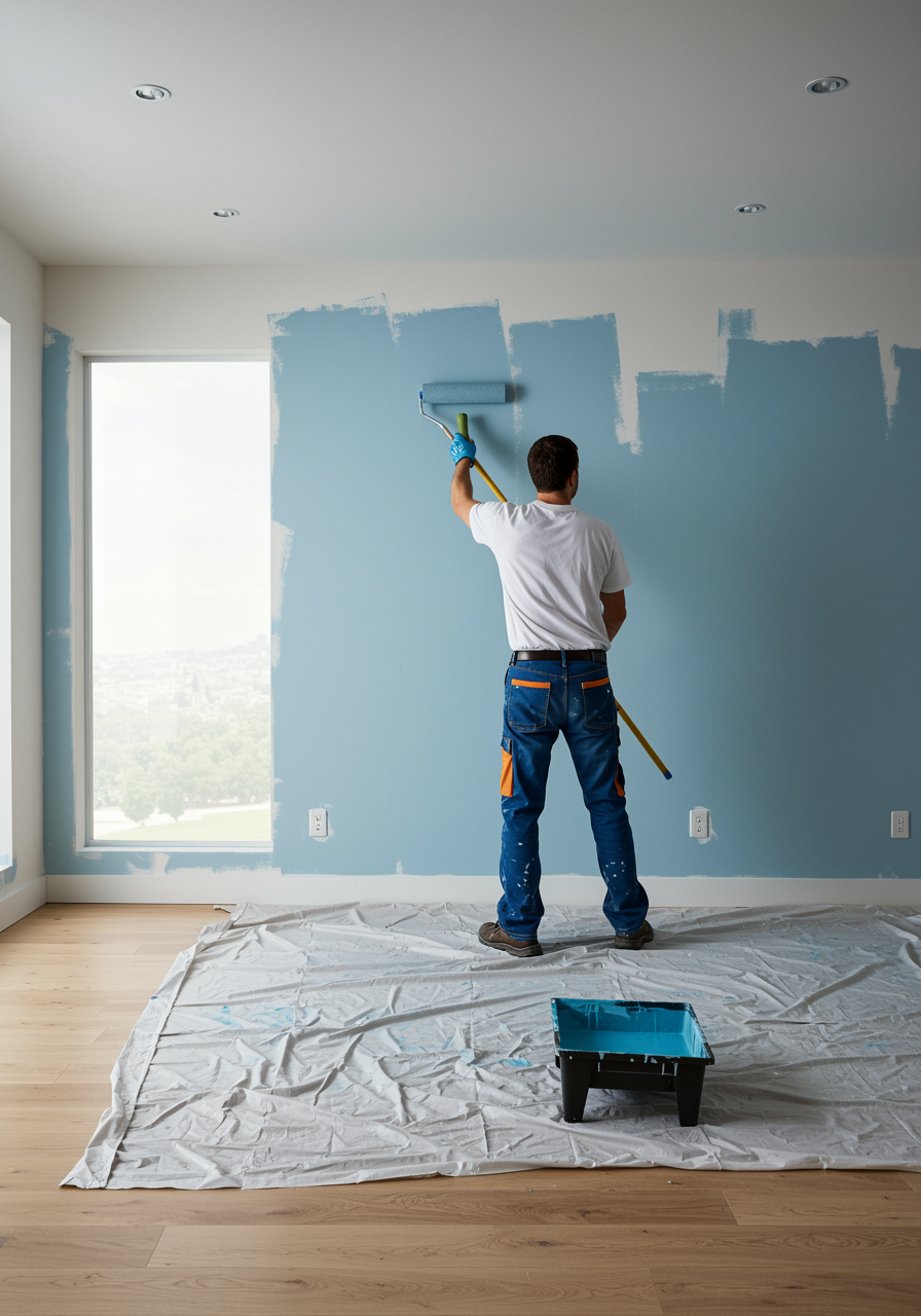 "Pintor masculino aplicando pintura azul clara en una pared de acento de una sala contemporánea, con luz natural y texturas detalladas."
