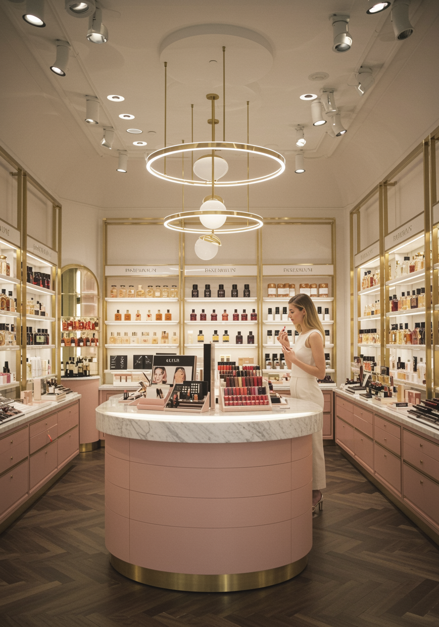 "Interior fotorealista de una boutique de perfumería y cosméticos de lujo con iluminación suave, estantes de vidrio con perfumes de alta gama y labios coloridos, donde una mujer prueba un labial en un elegante mostrador de mármol."