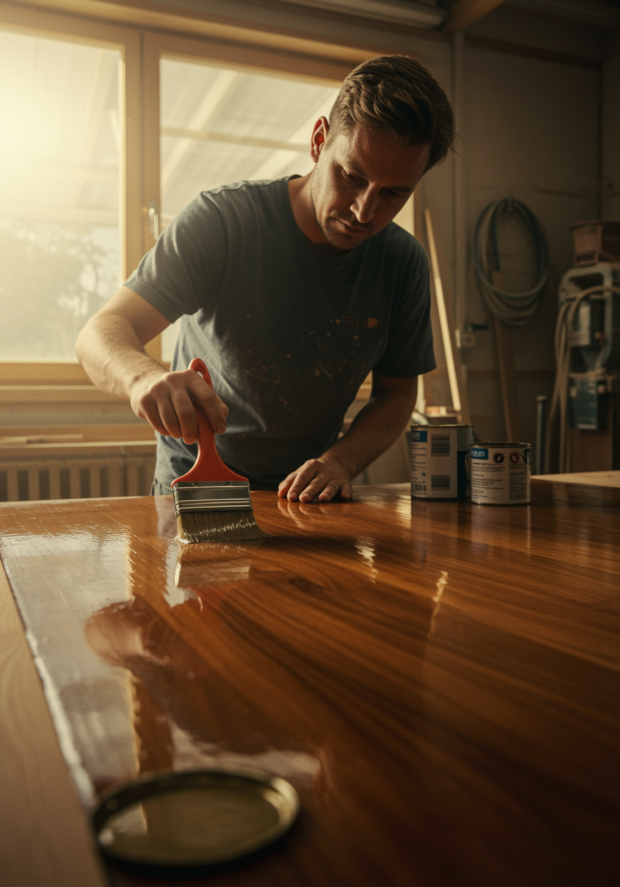 "Artesano hombre aplicando barniz brillante sobre una mesa de roble en un taller iluminado, con grano de madera visible y frascos de barniz en la mesa de trabajo."