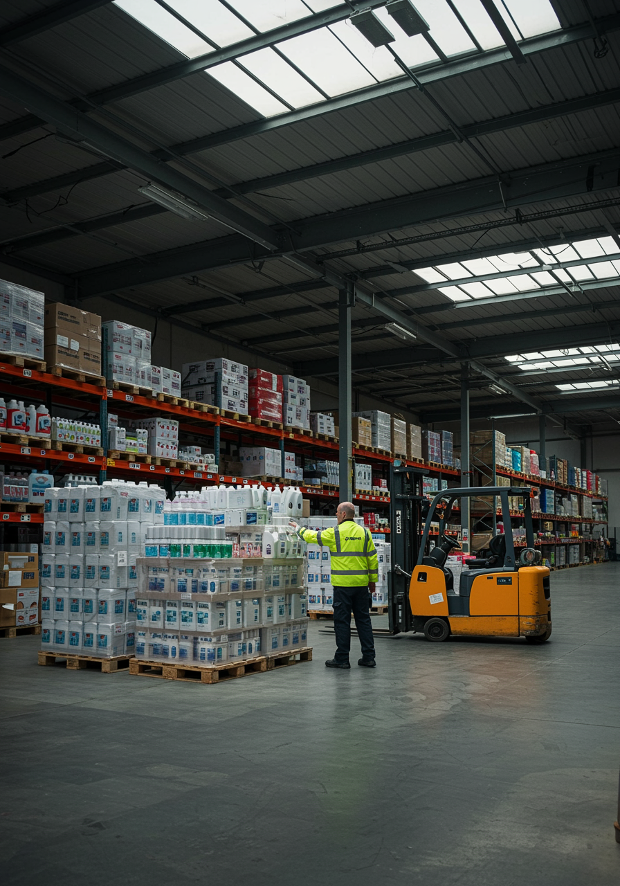 "Interior de un amplio almacén con luz natural, donde un gerente de logística revisa palets de cosméticos y productos de limpieza, con un montacargas estacionado, resaltando la gestión eficiente en la industria."