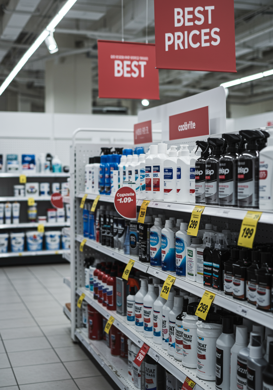 Texto alternativo SEO optimizado: "Estante de exhibición en tienda con productos de marcas premium como cosméticos, limpiadores y pintura, destacando precios competitivos y un letrero de 'Mejores Precios' en un interior blanco y moderno."