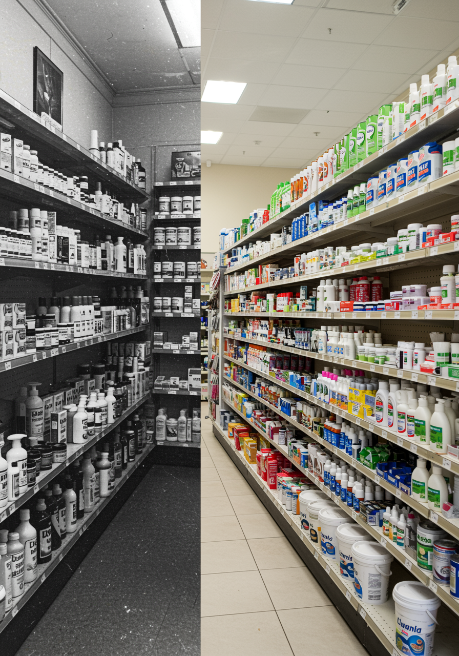 "Montaje en marco dividido que muestra a la izquierda una foto en blanco y negro de 1956 de un interior de droguería vintage y a la derecha una moderna tienda a color con cosméticos y productos de limpieza, fusionando nostalgia y contemporaneidad."