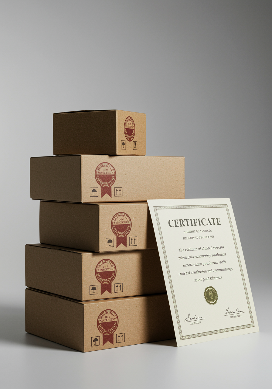 "Imagen de cajas selladas apiladas de productos de marca con sello de garantía oficial y certificado de autenticidad, sobre fondo blanco y con iluminación de estudio."