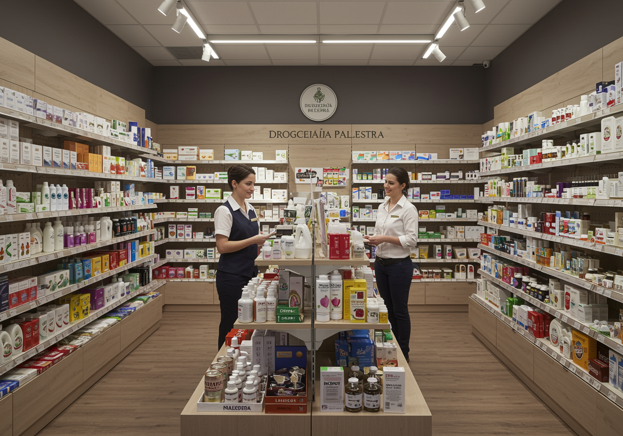 "Interior de la Droguería Palestra, una moderna droguería y perfumería familiar, con estantes organizados de productos premium y una asesora atenta brindando un servicio personalizado."