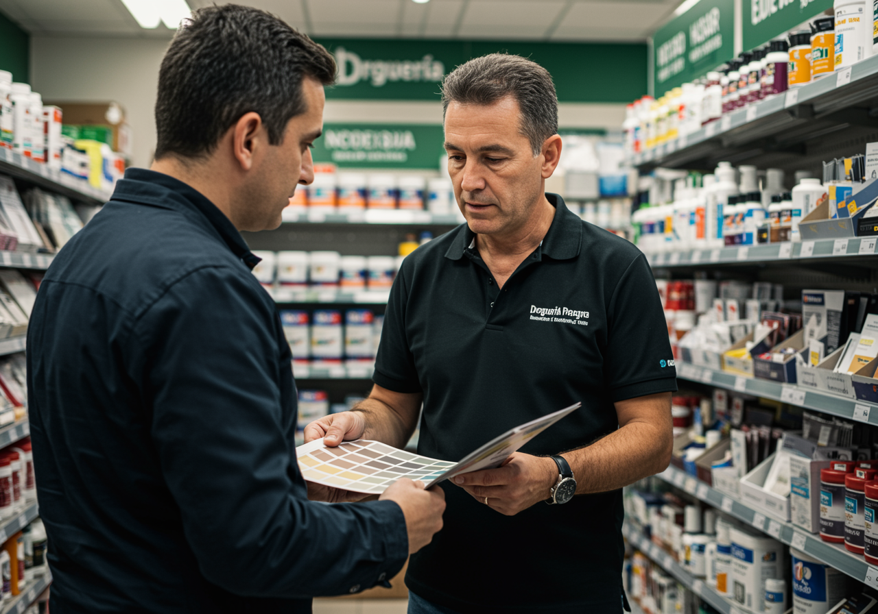 "Consulta profesional en Droguería Palestra con un asesor experto ayudando a un cliente a elegir productos de pintura y cuidado del hogar en un ambiente bien organizado y luminoso."