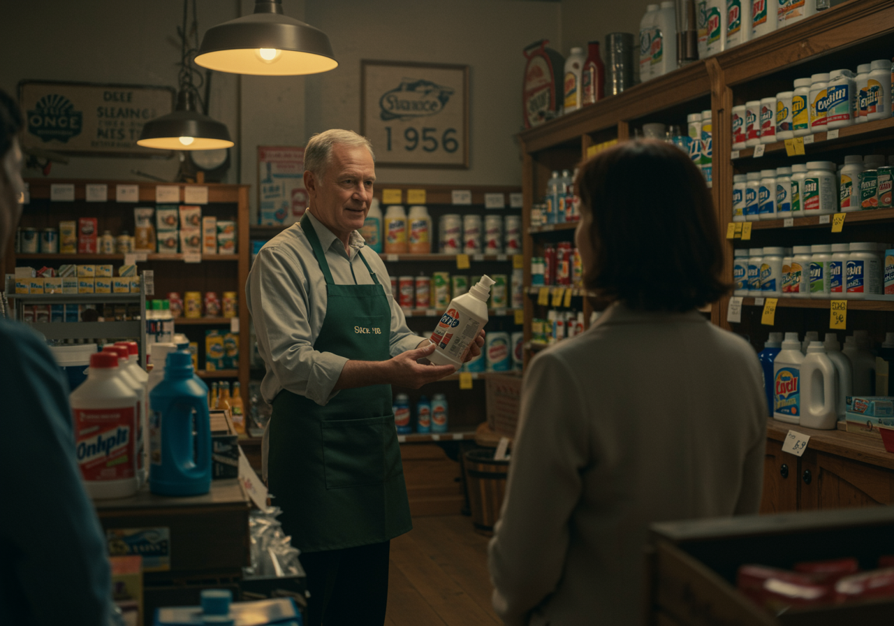 "Interior ultra-realista de una tienda de productos de limpieza desde 1956, con estanterías de madera, precios competitivos y un empleado amable que ofrece confianza y experiencia en soluciones de limpieza profesional."