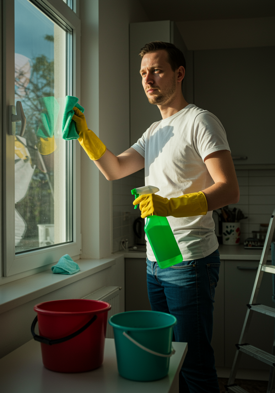 "Hombre blanco limpiando una ventana de cocina moderna con guantes y solución de limpieza, resaltando la importancia de la limpieza profesional en el hogar."